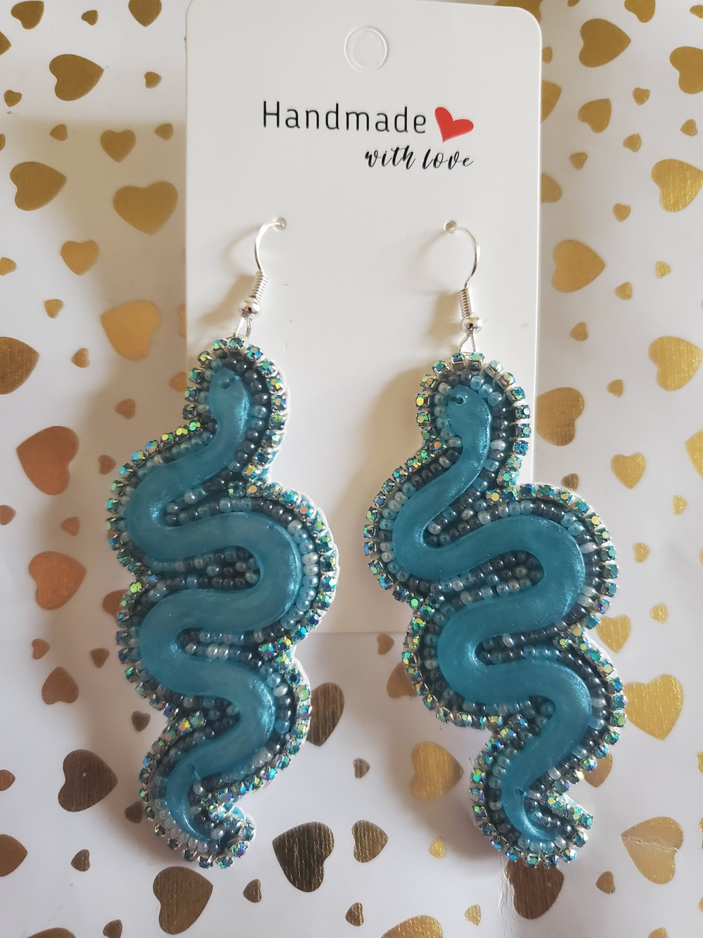Handmade Heart And Snake Beaded Drop Earrings
